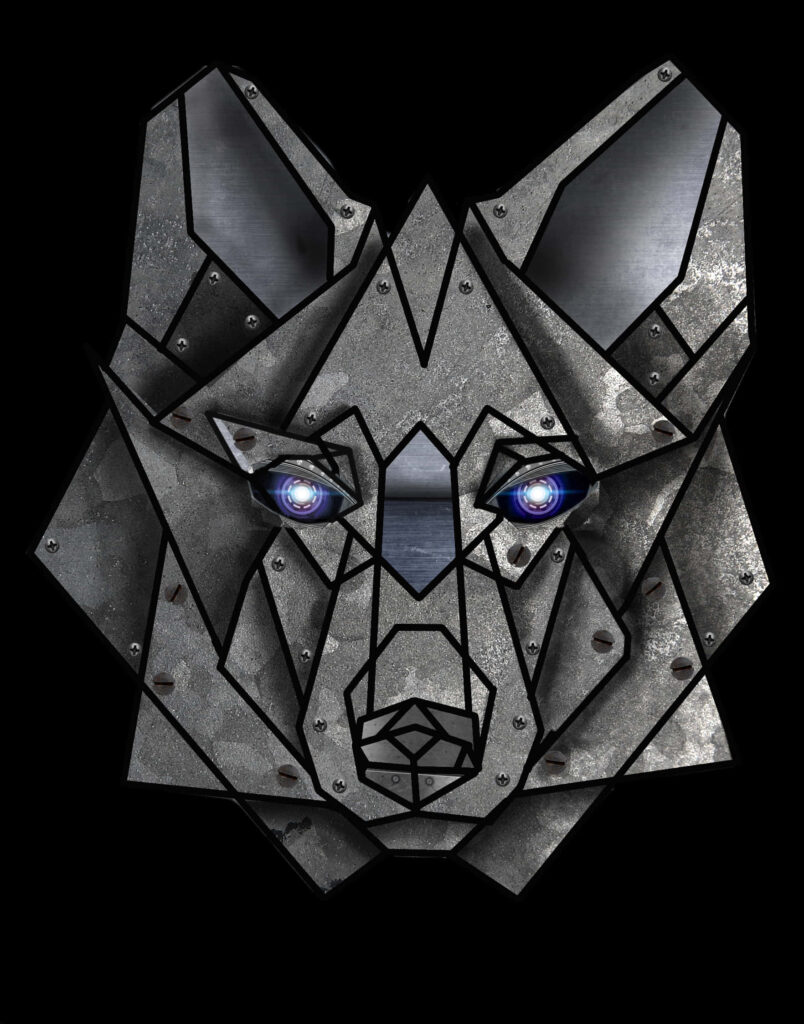 Futuristic Metallic Wolf Wallpaper with Glowing Blue Eyes
