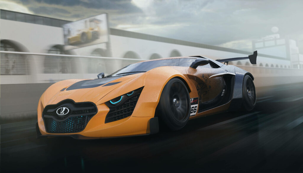 Futuristic yellow 3D sports car speeding on racetrack with dynamic lighting and motion blur Wallpaper