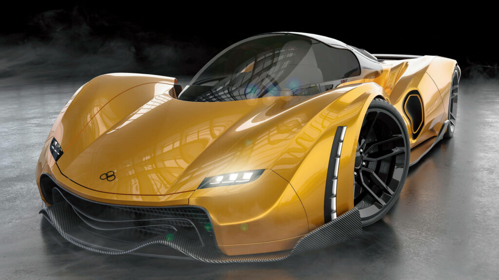 3D wallpaper of sleek shiny yellow concept car with futuristic curves on glossy floor and mist