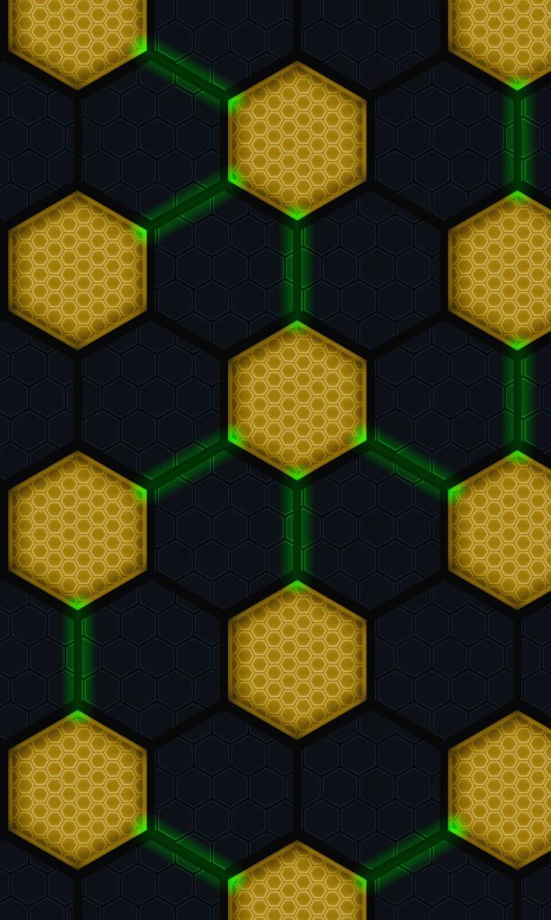 Futuristic yellow hexagon chain wallpaper with neon green lines on sleek dark honeycomb background