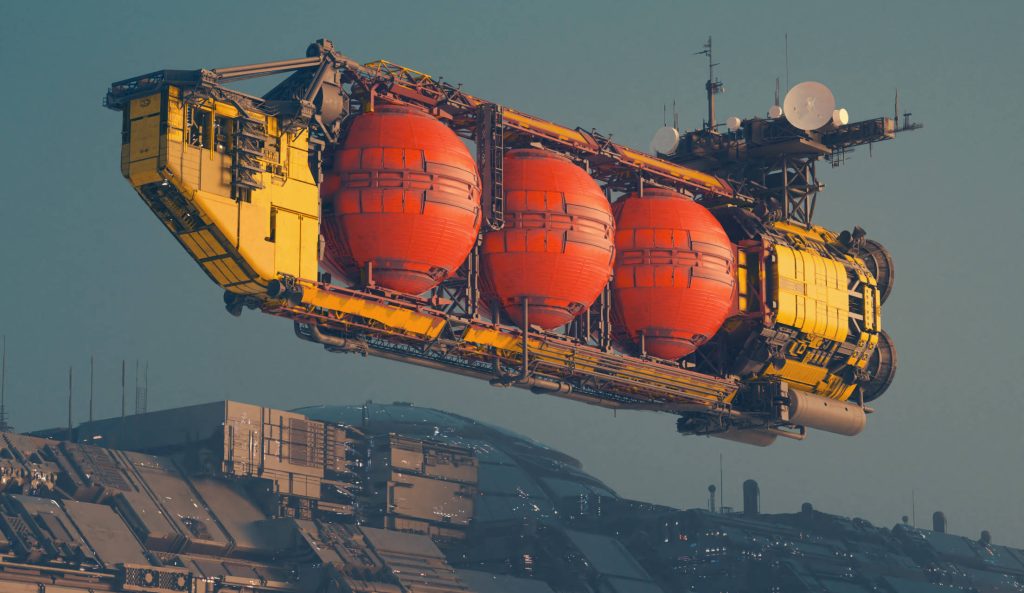 Cinematic sci-fi digital art of yellow fuel tanker with red tanks above dark mega structure background Wallpaper