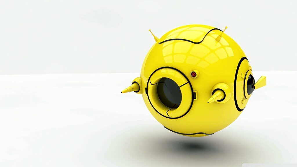 Futuristic yellow spherical drone with antennae hovering on white background glossy sleek design Wallpaper