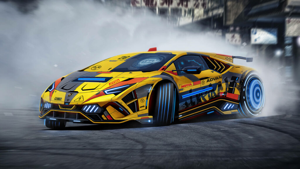 Futuristic yellow sports car drifting on smoky racetrack high speed dynamic design wallpaper