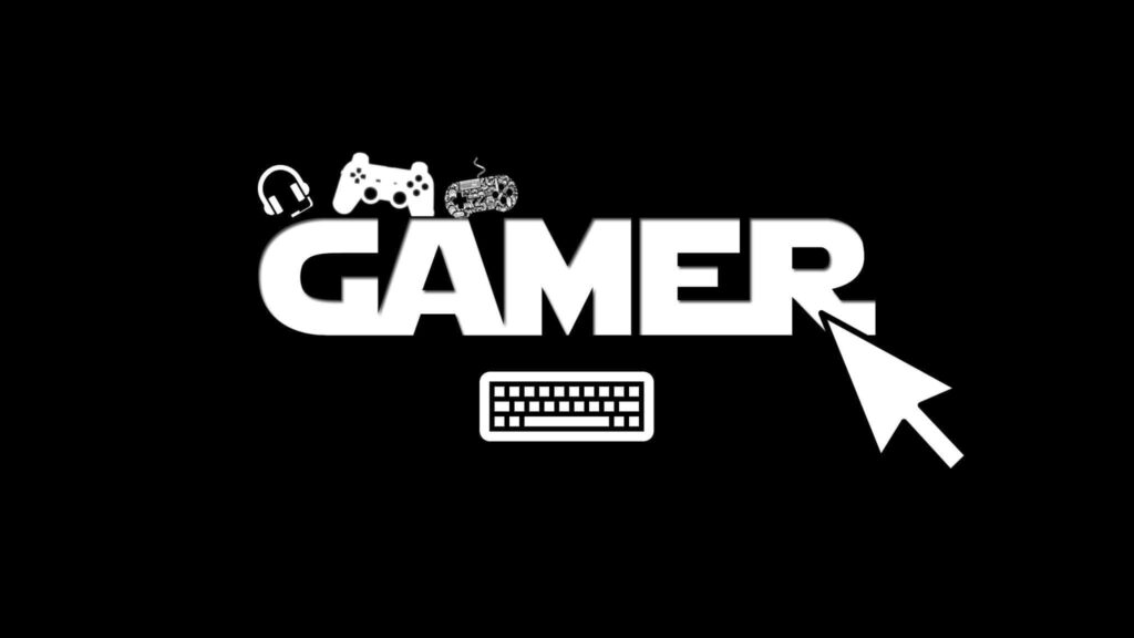 Bold Gamer Wallpaper: Black Background with Gaming Icons & Peripherals