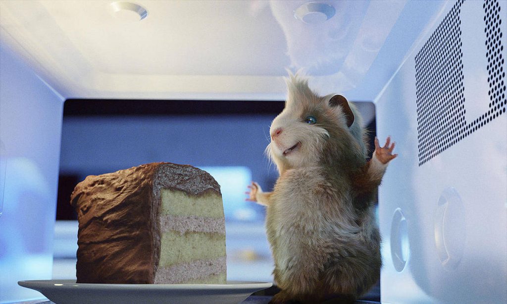Hurley CGI guinea pig inside microwave eyeing layered cake bright 3D animation wallpaper