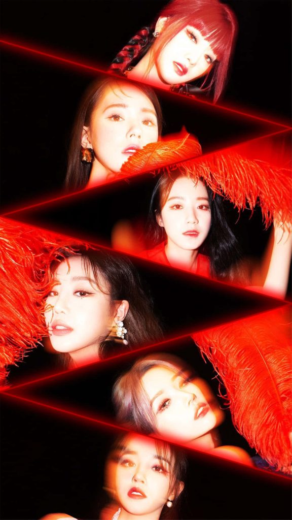 (G)I-DLE wallpaper with dynamic portrait collage red lasers feathers black background K-pop flair