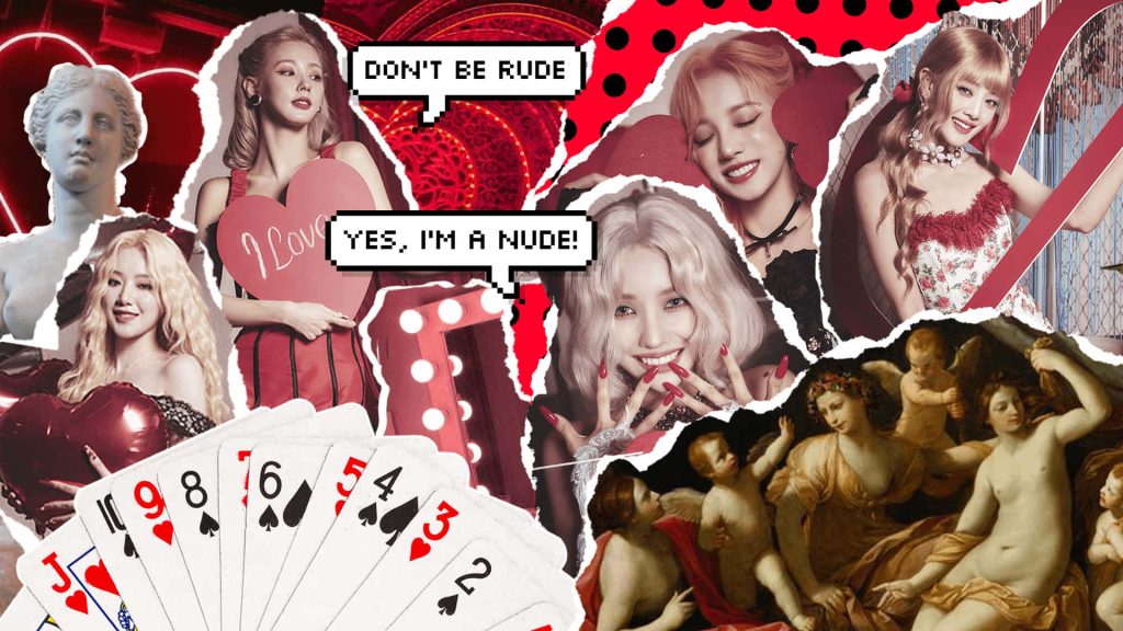 (G)I-DLE Nxde era vibrant pop art collage with bold red, classical statues, and Renaissance art wallpaper