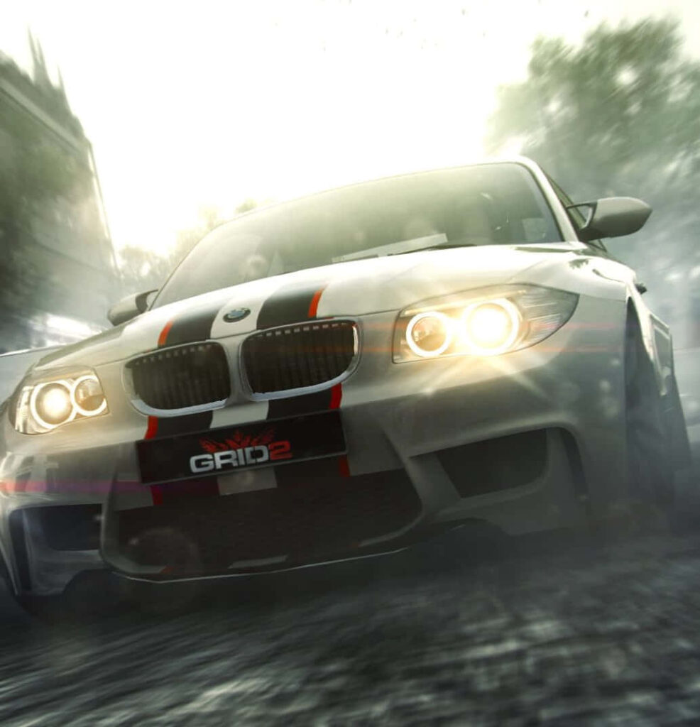 Grid Autosport Racing Car Speed Scene with Bright Headlights and Blurred Background Wallpaper