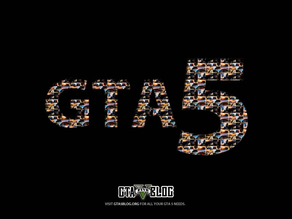 GTA 5 wallpaper with mosaic of action scenes on black background featuring GTA Blog branding
