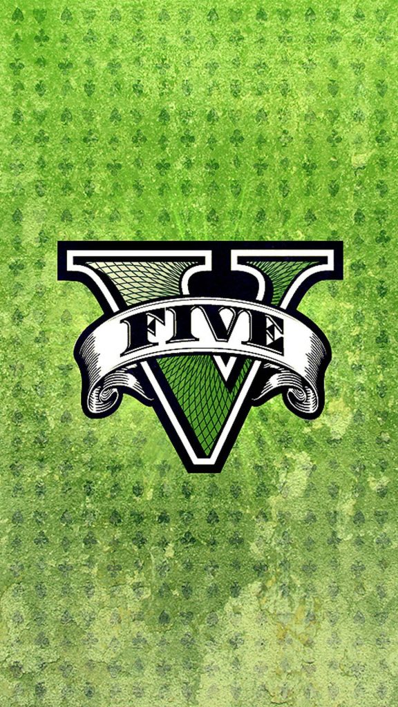 1080p GTA 5 iPhone wallpaper with iconic logo on grungy green background with card suits