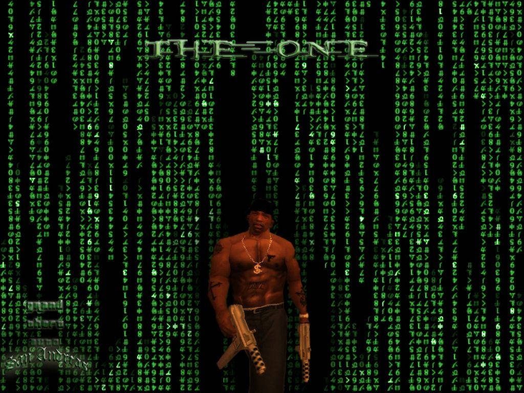 GTA San Andreas wallpaper with shirtless CJ beanie submachine gun and green digital code background