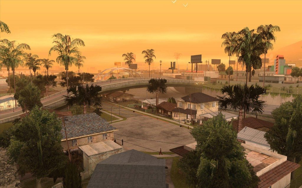 Aerial view of Grove Street Los Santos sunset palm trees suburban homes GTA San Andreas wallpaper