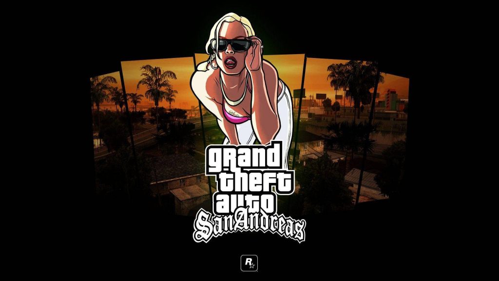 GTA San Andreas wallpaper woman in white dress sunglasses sunset vibrant landscape iconic game art