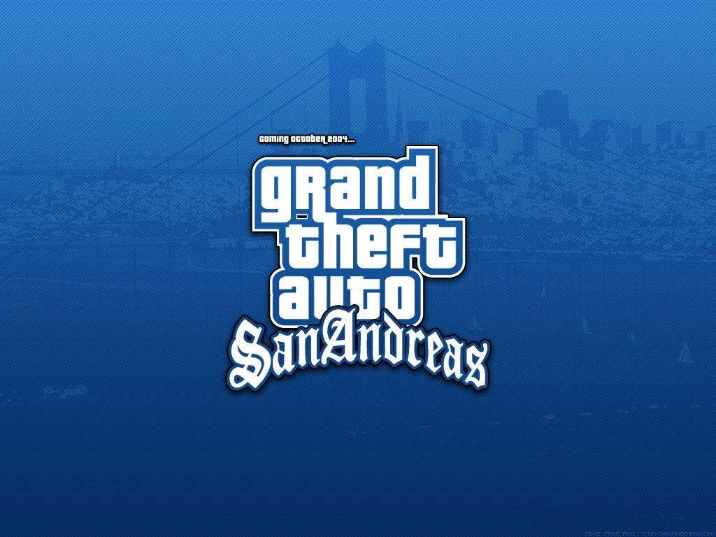 GTA San Andreas wallpaper with iconic logo blue gradient city silhouette coming October 2004 text