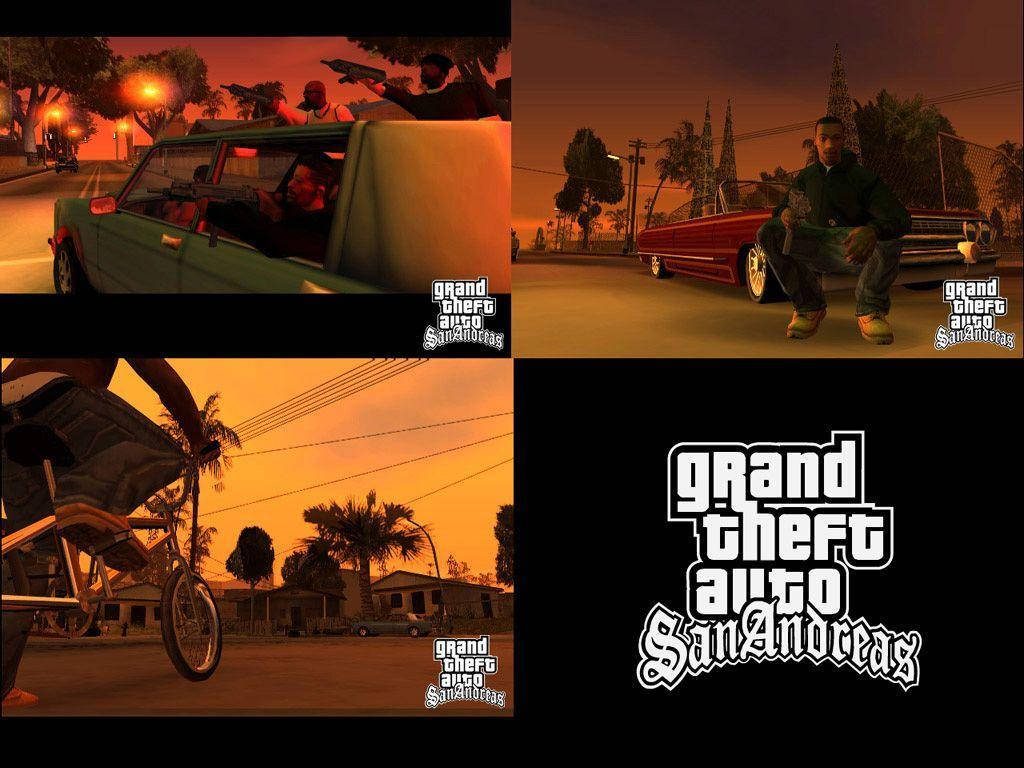 GTA San Andreas sunset collage with CJ driving biking combat scenes and series logo wallpaper