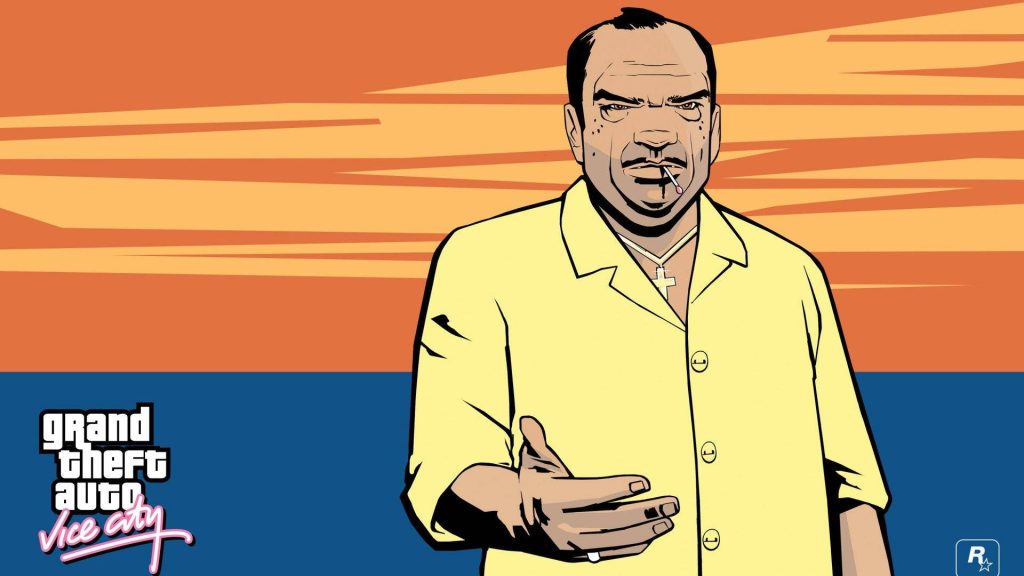 GTA Vice City Ricardo Diaz cel shaded wallpaper yellow shirt cross necklace sunset background