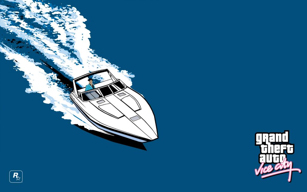 Tommy Vercetti driving white speedboat minimalist GTA Vice City wallpaper blue background retro gaming