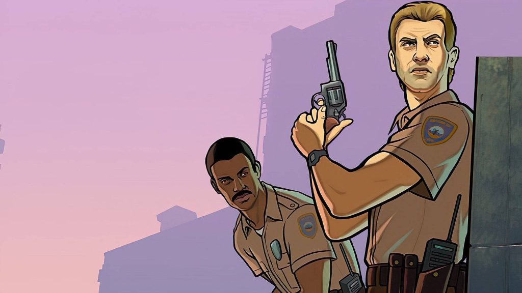 GTA Vice City wallpaper with cel-shaded art of two police officers at purple sunset background