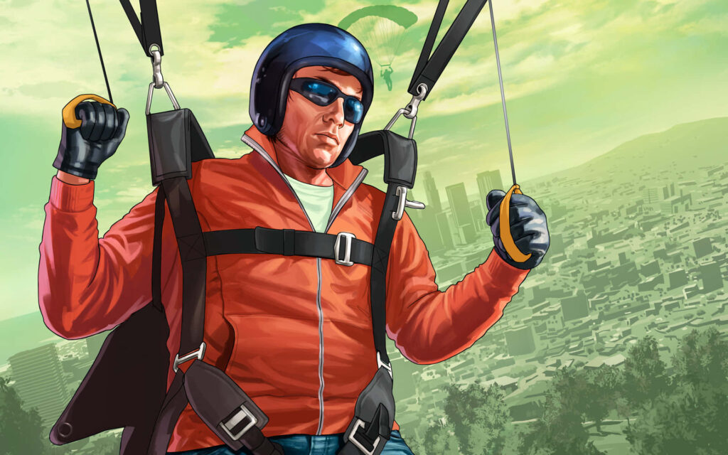 Thrilling Aerial Pursuit: A Daredevil's Parachute Escape in GTA's Urban Jungle Wallpaper