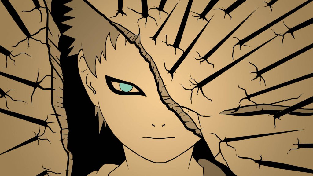 Minimalist Gaara Naruto wallpaper intense teal eye cracked sand black spikes earthy tones background