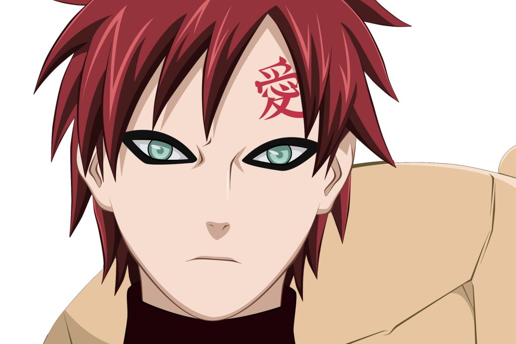 Close-up anime portrait of Gaara Naruto with spiky red hair teal eyes and love kanji tattoo Wallpaper