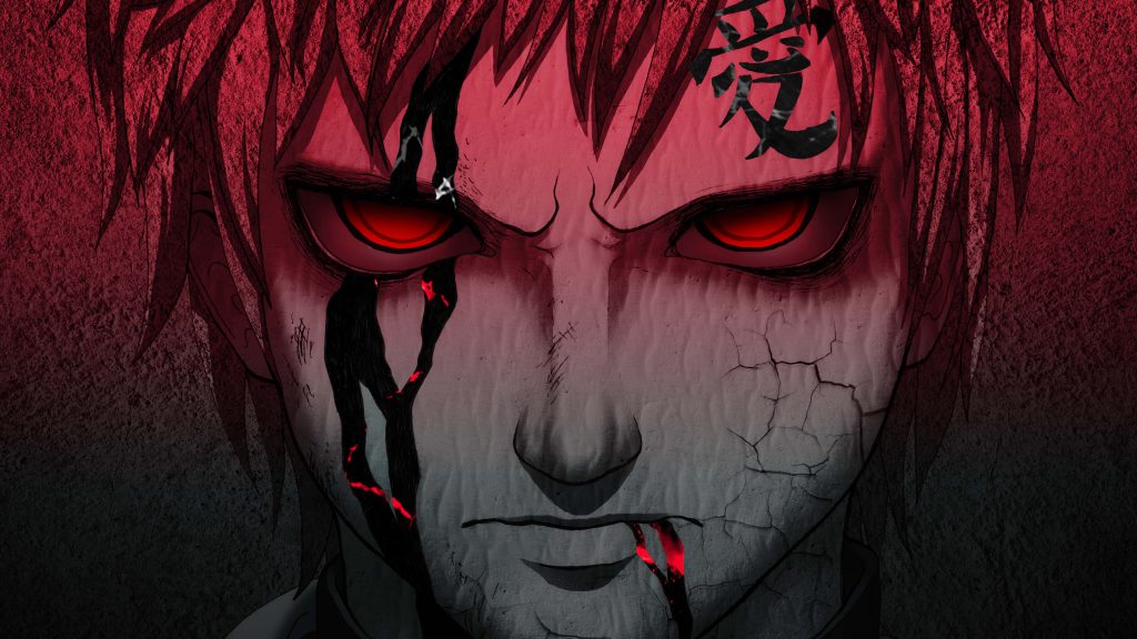 Gaara Naruto anime wallpaper intense red eyes menacing cracked skin dark textured background