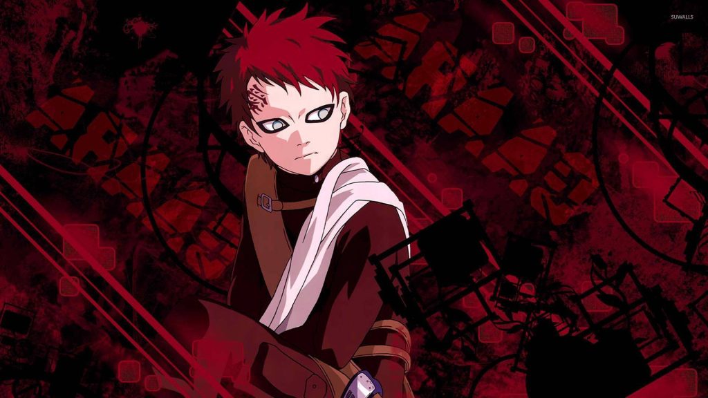 Gaara Naruto wallpaper with red hair and forehead tattoo on dark crimson abstract background
