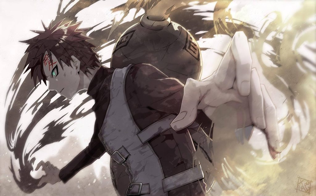 Gaara Naruto wallpaper intense anime Kazekage with swirling sand and signature gourd background