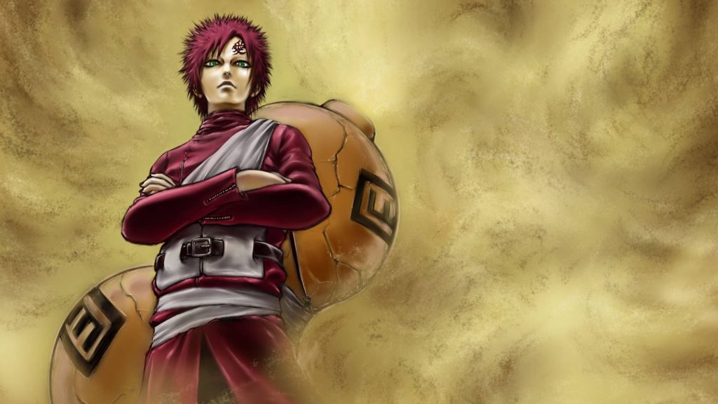 Gaara Naruto anime wallpaper with sandstorm and golden desert hues capturing Kazekage power