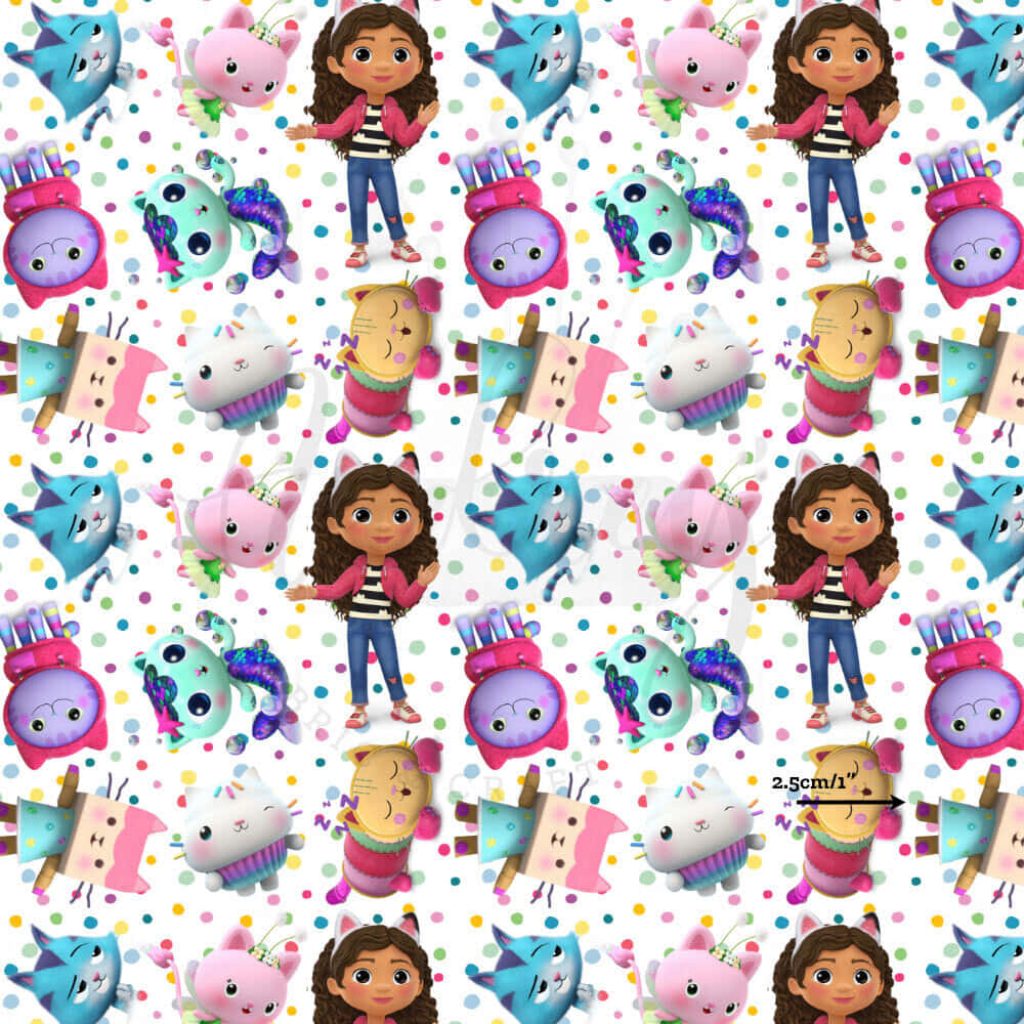 Colorful Gabby's Dollhouse wallpaper with Gabby and friends on white polka dot background