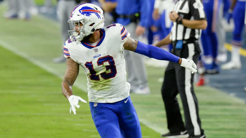 Buffalo Bills wide receiver Gabe Davis in white jersey number 13 intense NFL action wallpaper