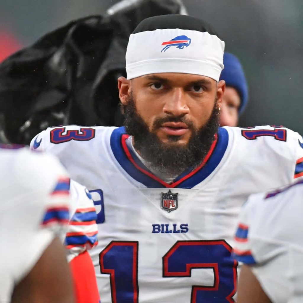 Gabe Davis close-up in white Buffalo Bills jersey number 13 intense NFL football wallpaper background