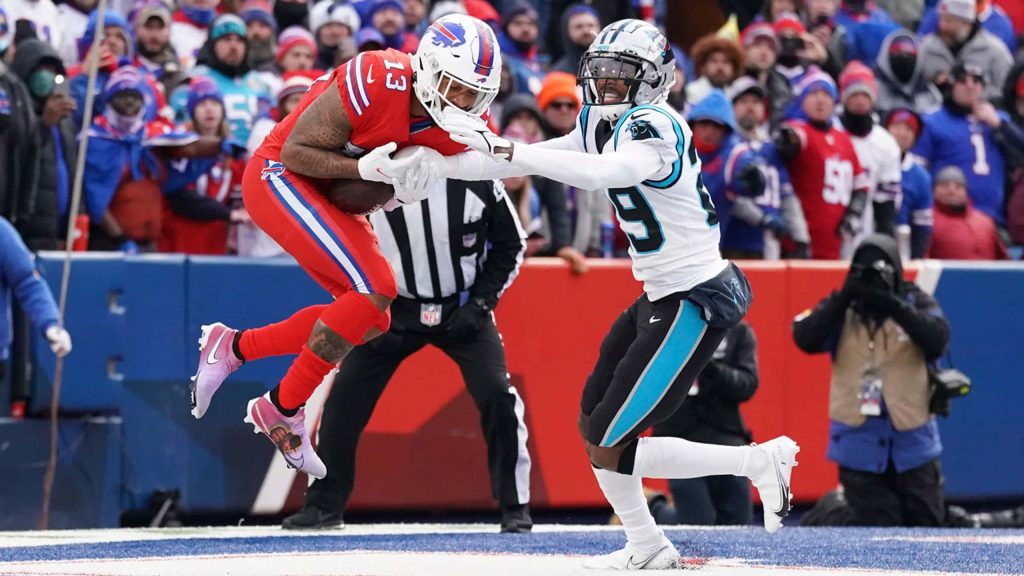Buffalo Bills Gabe Davis leaping catch NFL end zone vs Carolina Panthers action wallpaper