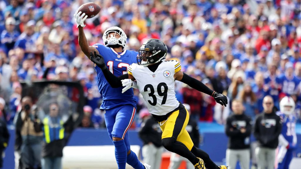 Buffalo Bills wide receiver Gabe Davis leaps for pass defended by Steelers safety Minkah Fitzpatrick Wallpaper