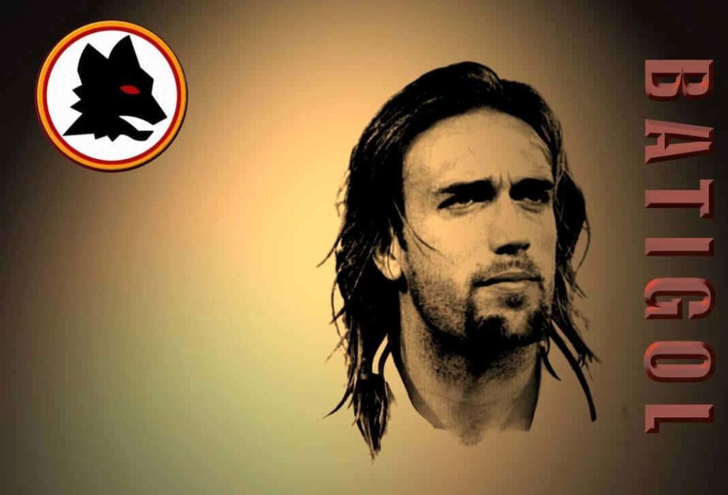 Gabriel Batistuta digital wallpaper with AS Roma wolf logo and bold vertical typography background