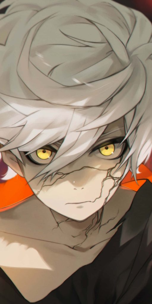 Close-up of Gabimaru Hell's Paradise anime with white hair yellow eyes orange black background wallpaper