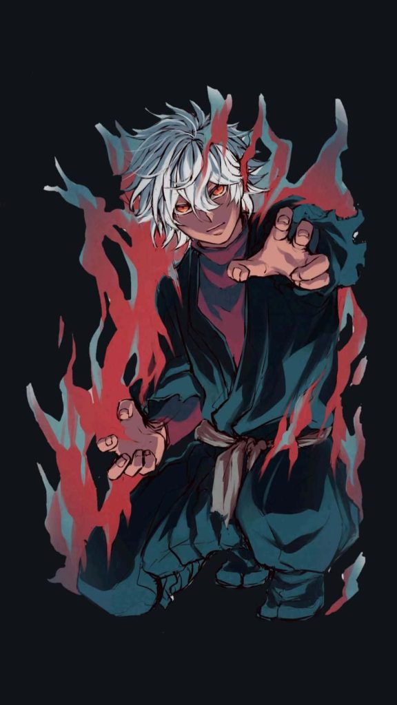Gabimaru from Hells Paradise digital anime wallpaper with white hair glowing eyes crimson flames