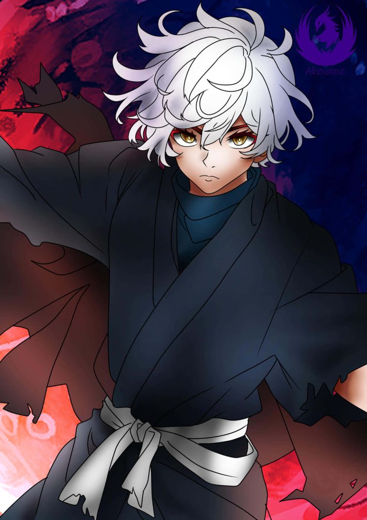 Gabimaru from Hell's Paradise anime wallpaper white hair piercing eyes dynamic red blue background
