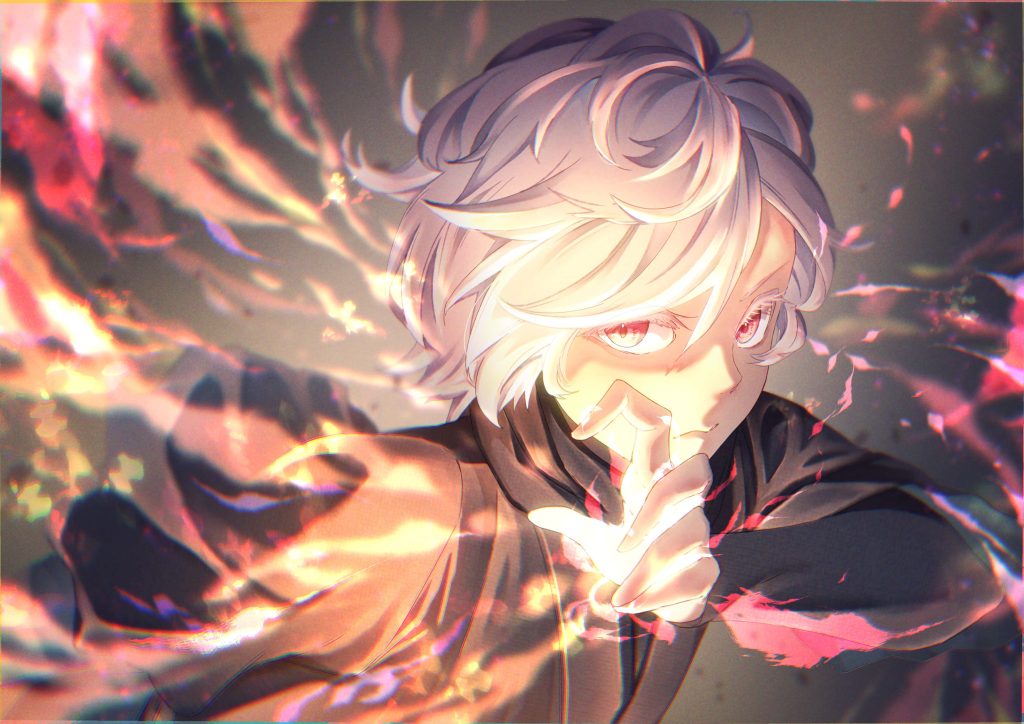 Gabimaru Hell's Paradise anime wallpaper white hair red eyes fiery energy glowing hand sign