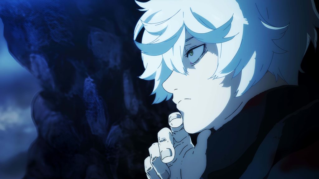 Gabimaru Hell's Paradise anime wallpaper white hair serious expression blue lighting close-up