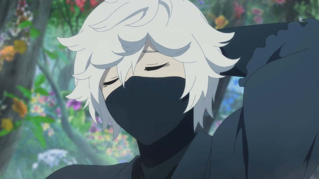 Gabimaru from Hell's Paradise anime wallpaper calm stoic shinobi white hair black mask forest background