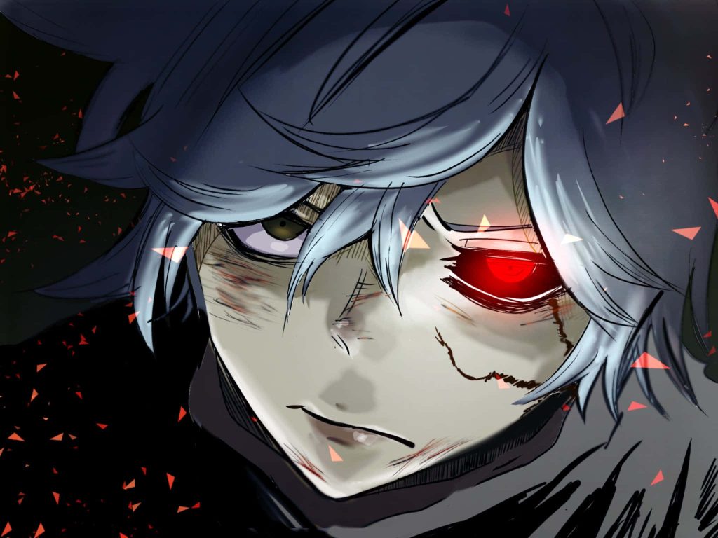 Digital anime close-up of scarred Gabimaru with glowing red eye Hell's Paradise wallpaper