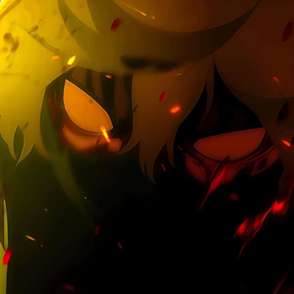 Gabimaru intense glowing eyes anime wallpaper Hell's Paradise dramatic red embers shadows close-up