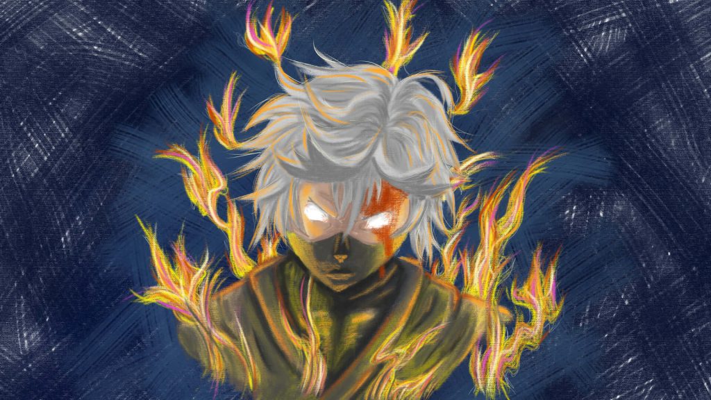 Gabimaru Hell's Paradise digital wallpaper vibrant flames glowing eyes white hair dark blue background
