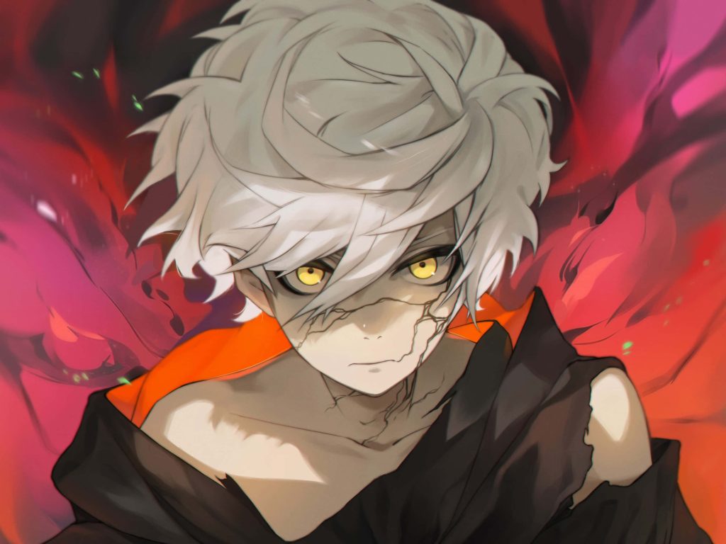 Gabimaru the Hollow intense anime with white hair yellow eyes cracked skin red black background wallpaper
