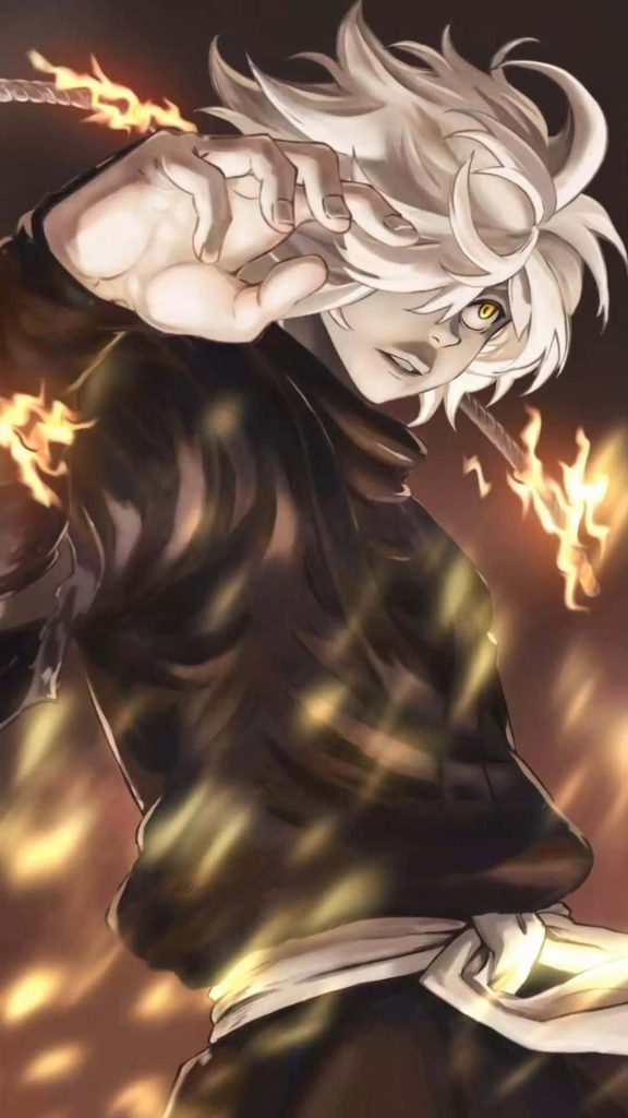 Gabimaru the Hollow anime wallpaper fiery ninjutsu glowing eyes white hair dark flames background