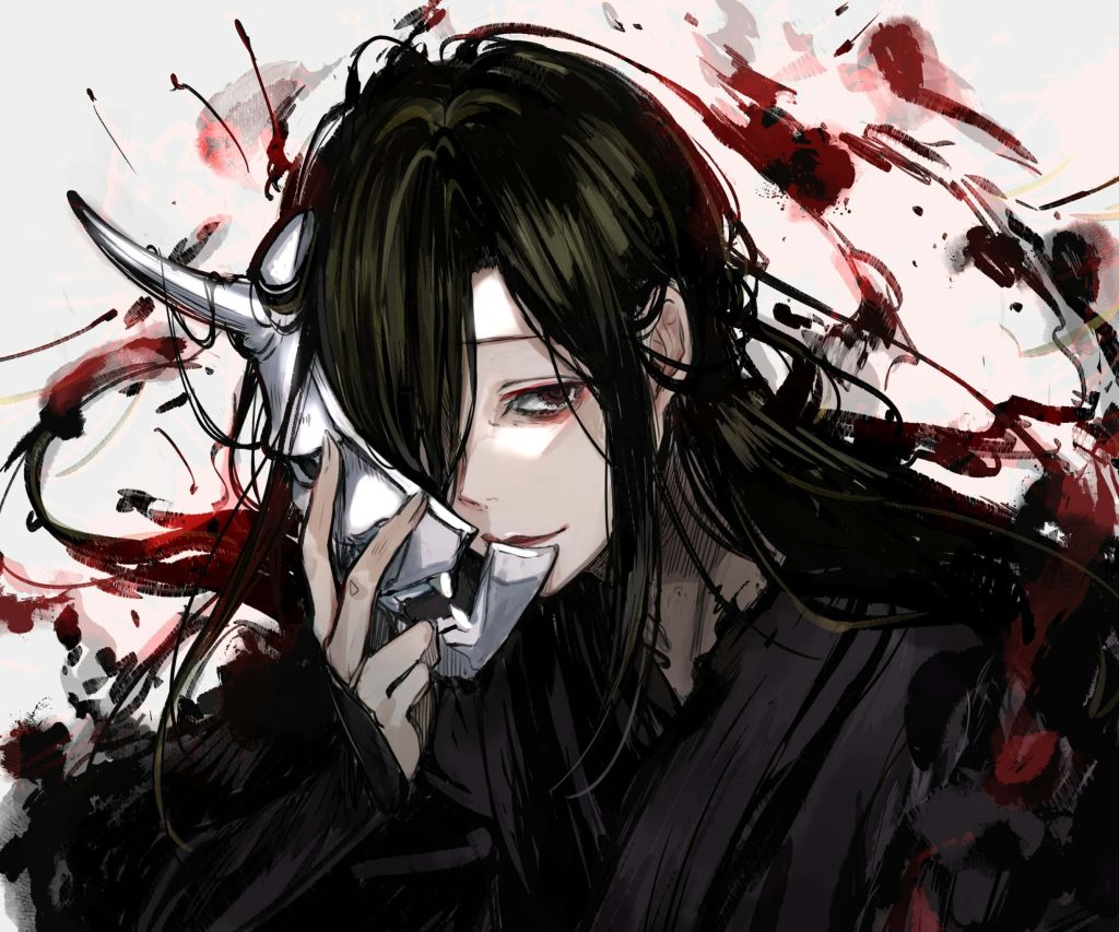 Gabimaru the Hollow anime wallpaper ninja with red eyes holding demon mask dark moody background