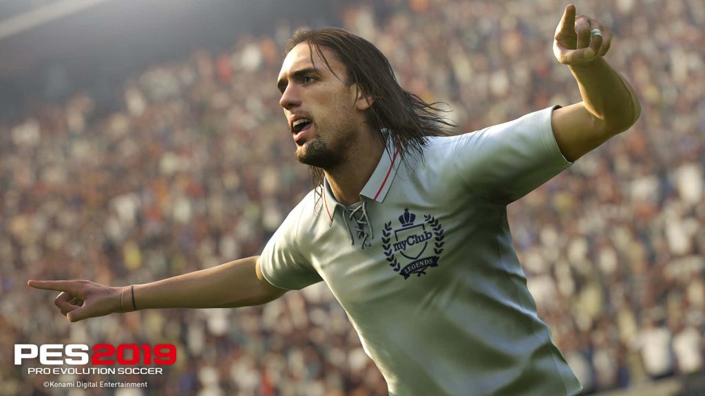 PES 2019 wallpaper Gabriel Batistuta celebrating in classic kit myClub Legends CGI stadium background
