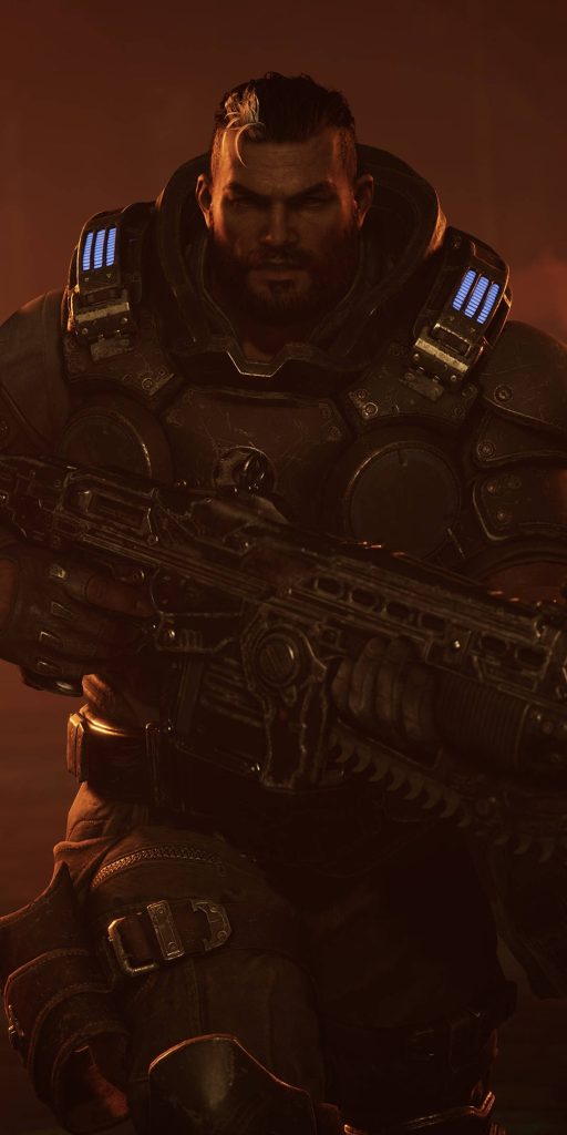 Gabriel Diaz Gears mobile wallpaper rugged COG armor rifle warm dramatic lighting background
