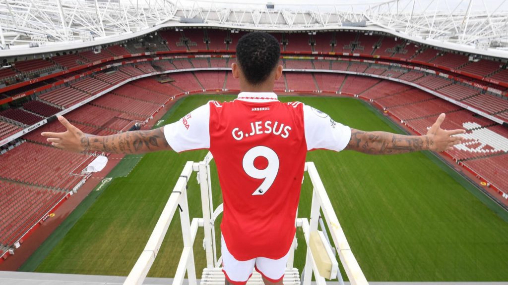 Gabriel Jesus Arsenal number 9 celebrating at Emirates Stadium vibrant high-definition wallpaper